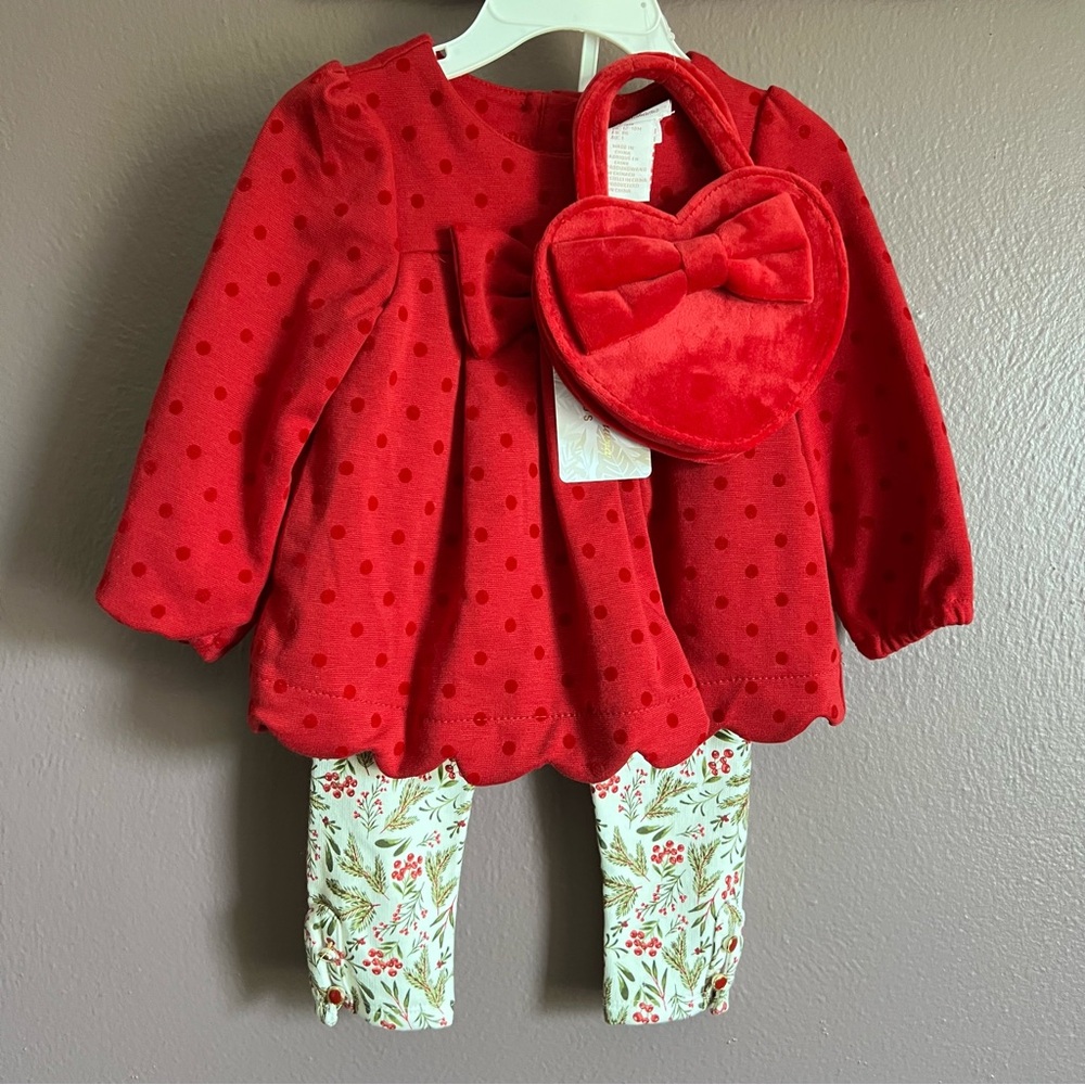 Red Bow Top Holiday Baby Outfit with Heart Bag